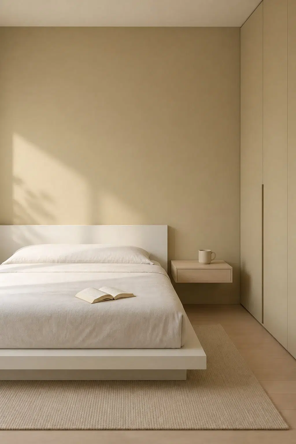 A minimalist bedroom painted in Bamboo Shoot