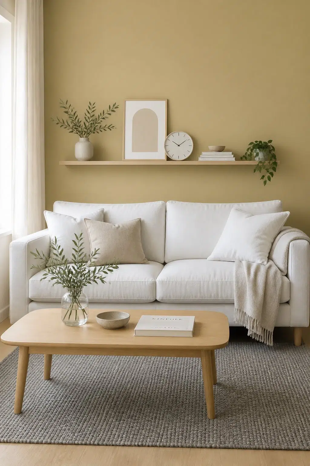 A scandinavian living room painted in Bamboo Shoot