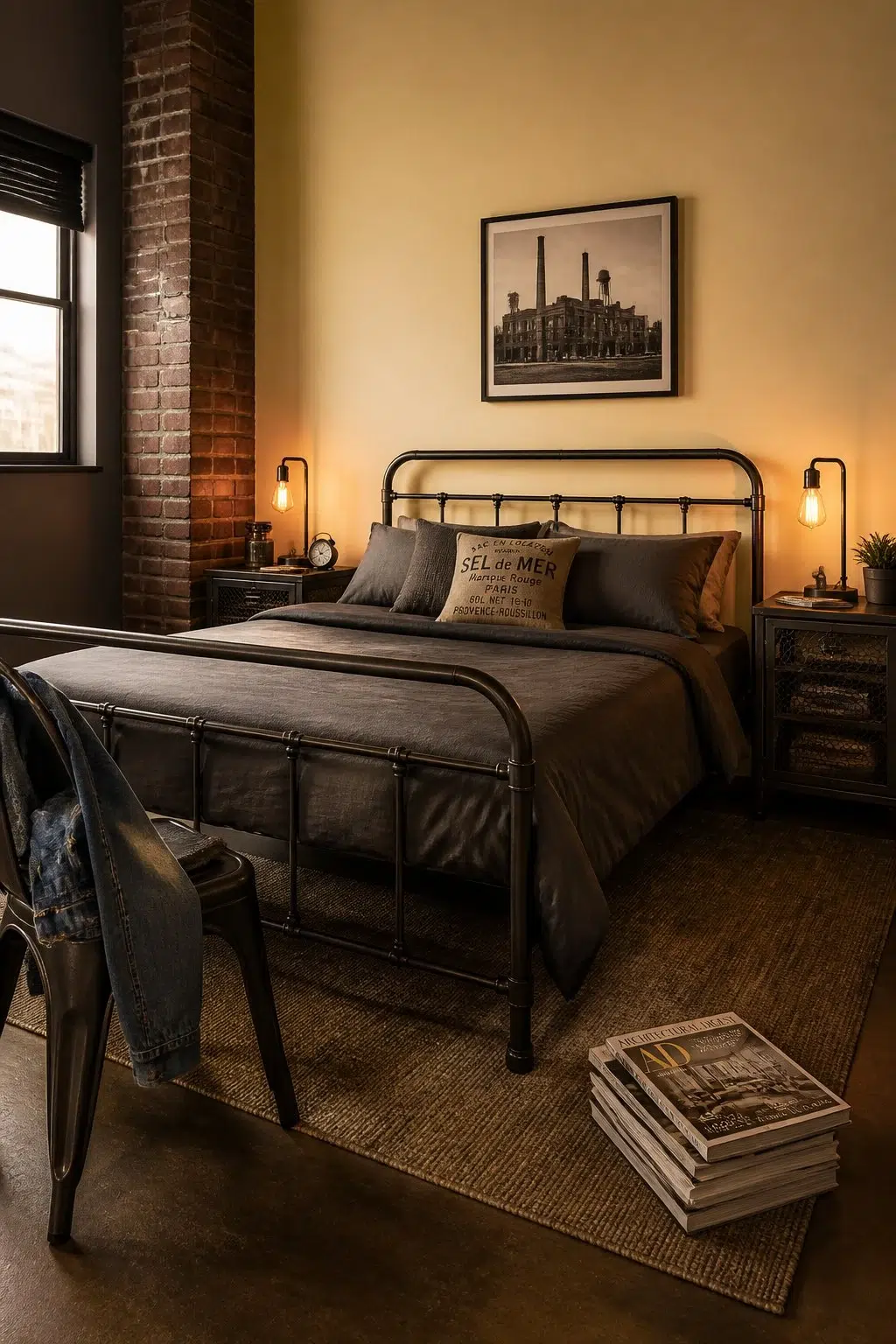 A industrial bedroom painted in Banana Cream