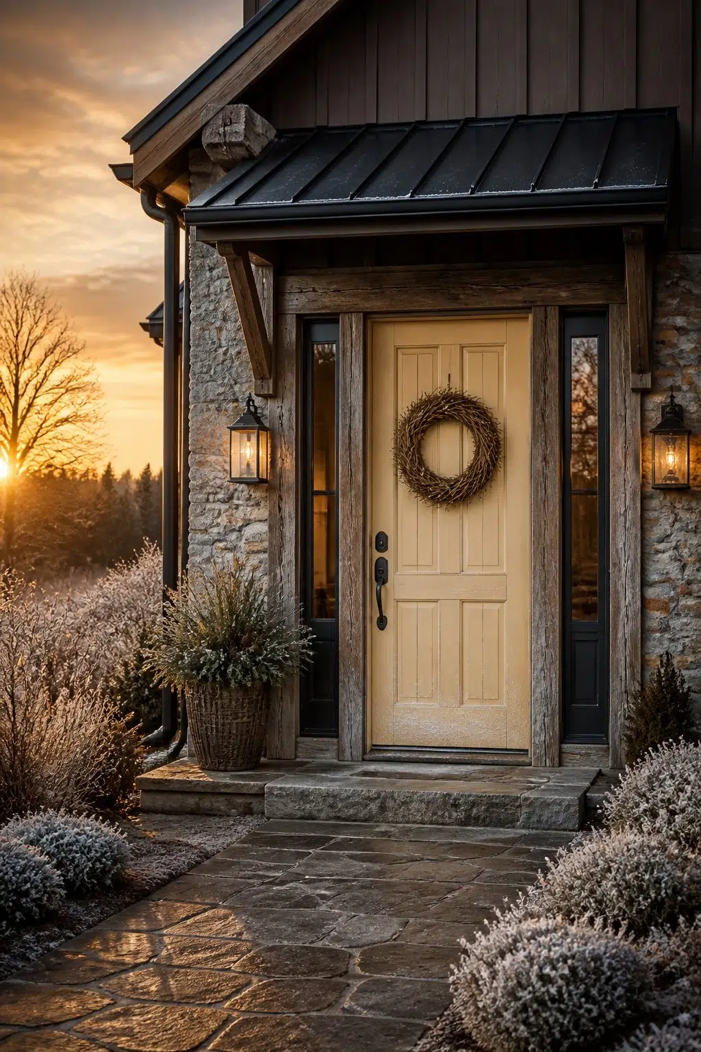 rustic modern front door featuring Banana Cream by Sherwin-Williams