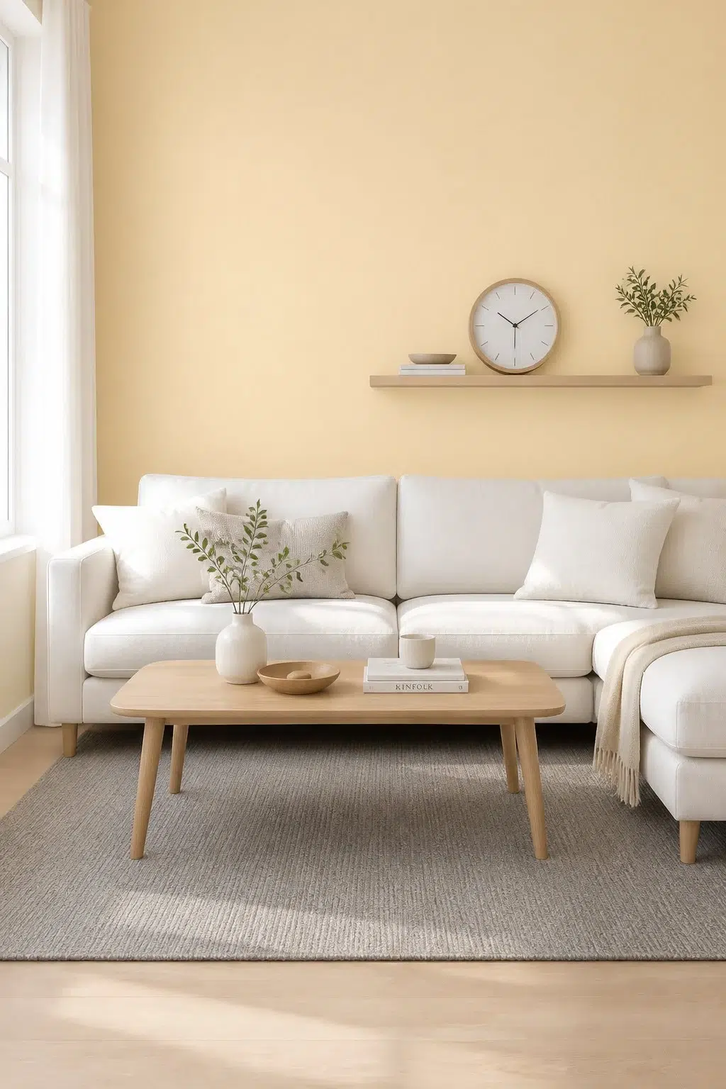A scandinavian living room painted in Banana Cream