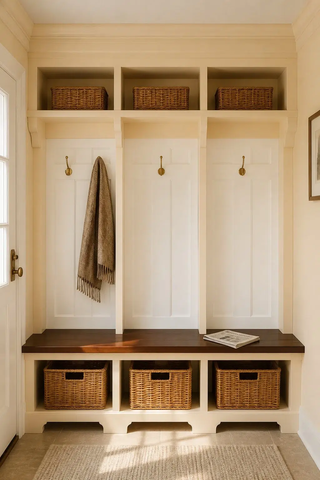 Banana Cream paint in a traditional mudroom
