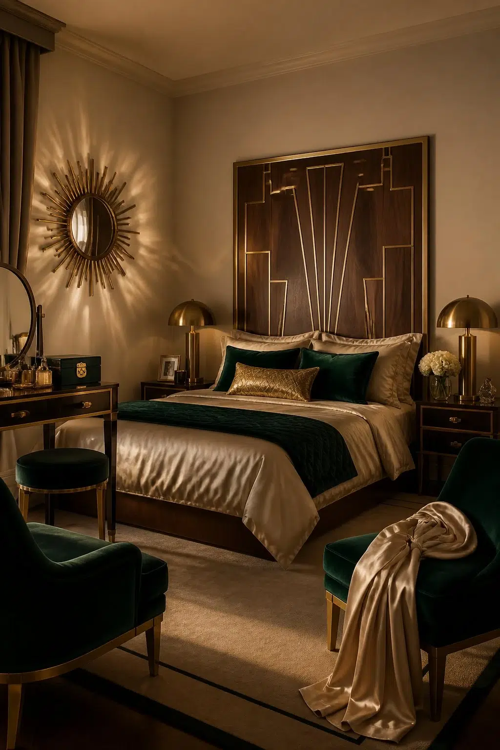 A art deco bedroom painted in Barcelona Beige