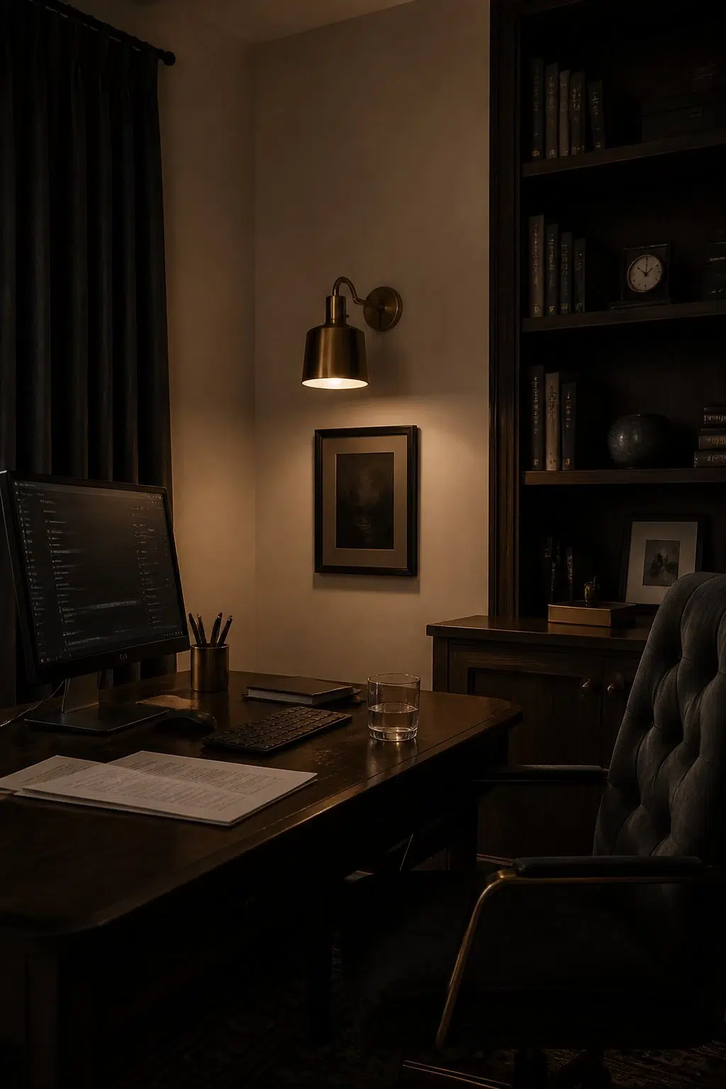 Sherwin-Williams Barcelona Beige in a moody home office