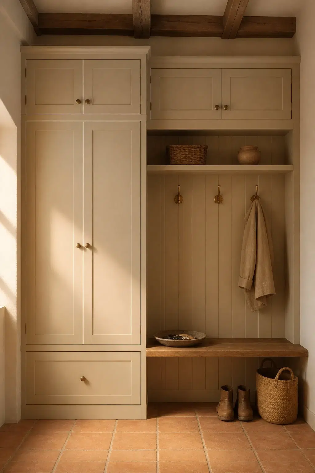 Barcelona Beige paint in a earthy mudroom