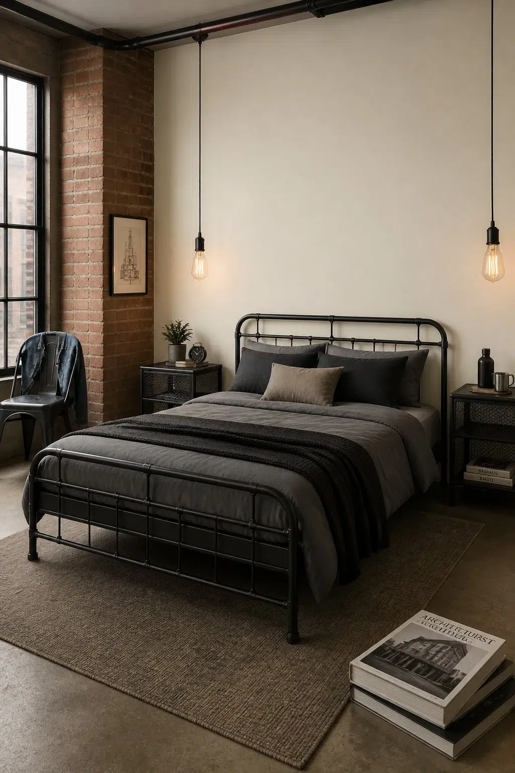 A industrial bedroom painted in Barely Pear