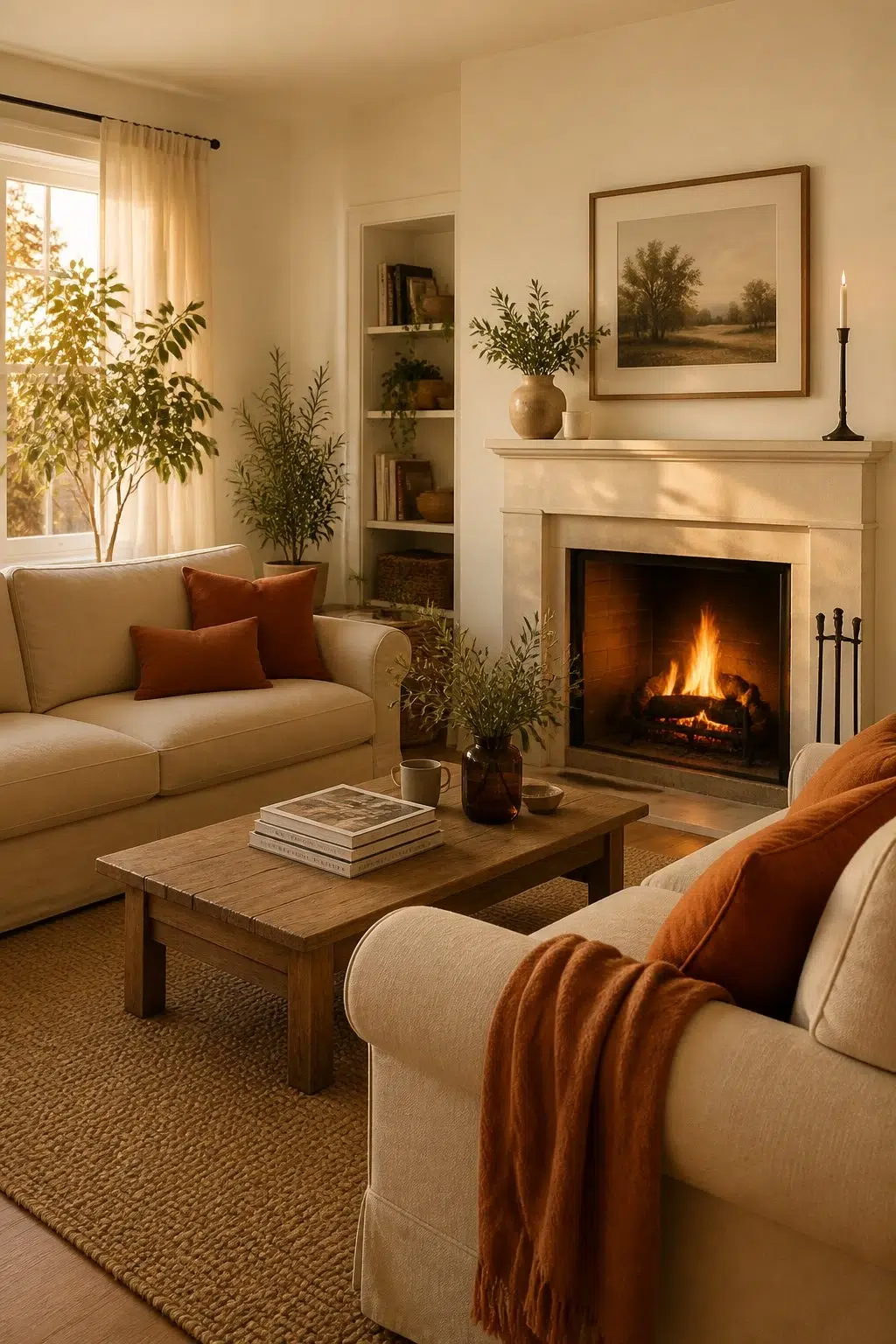 A cozy living room painted in Barely Pear