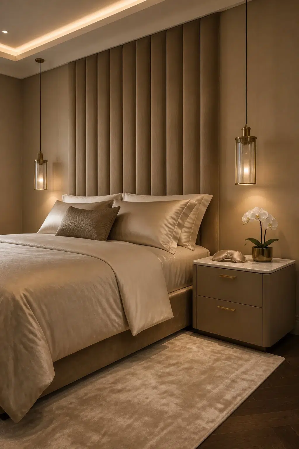 A modern luxury bedroom painted in Barro Verde