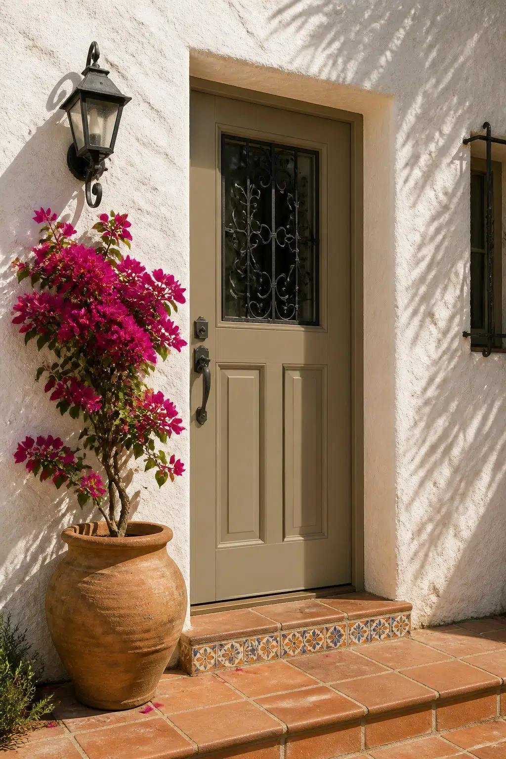 mediterranean front door featuring Barro Verde by Sherwin-Williams