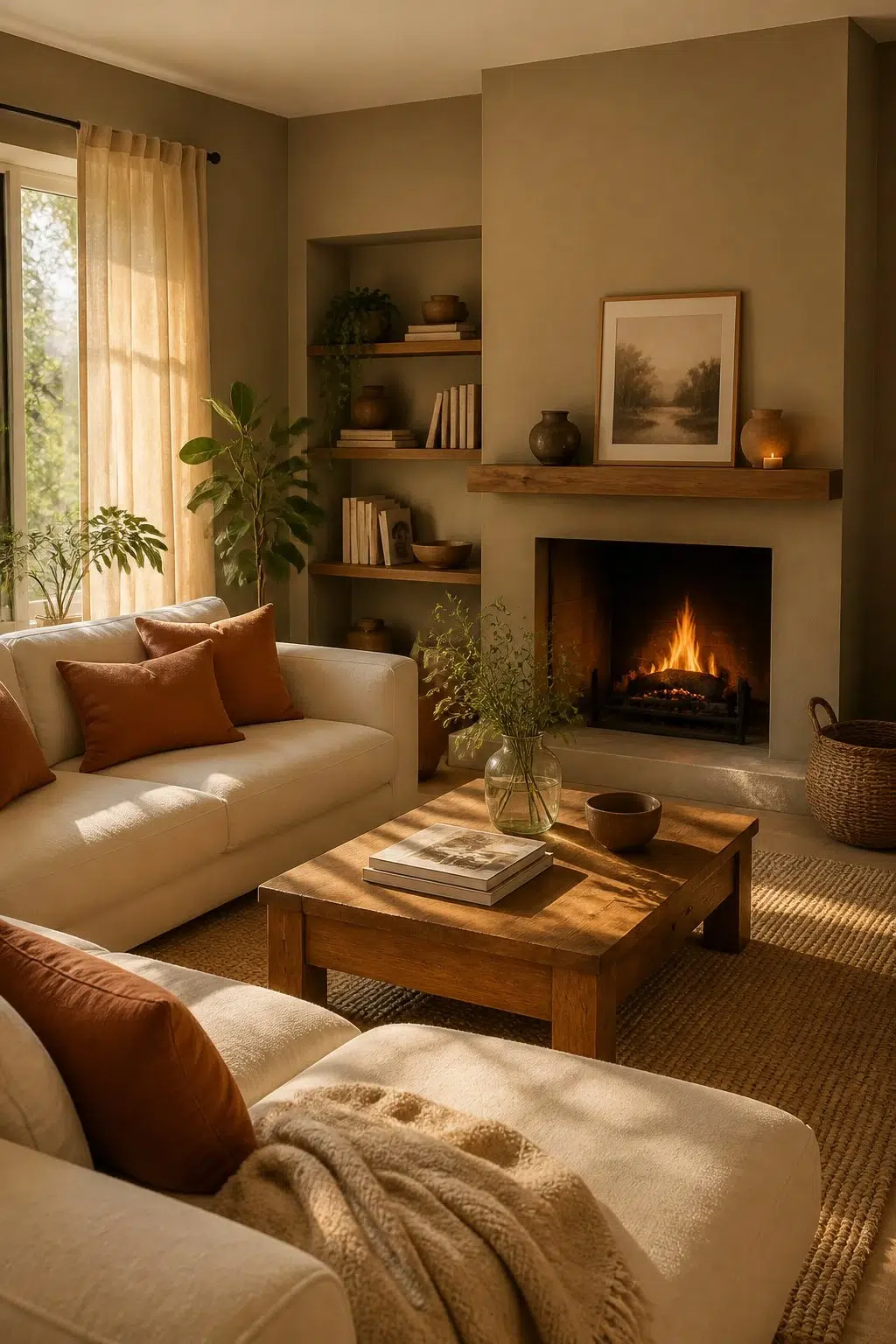 A cozy living room painted in Barro Verde