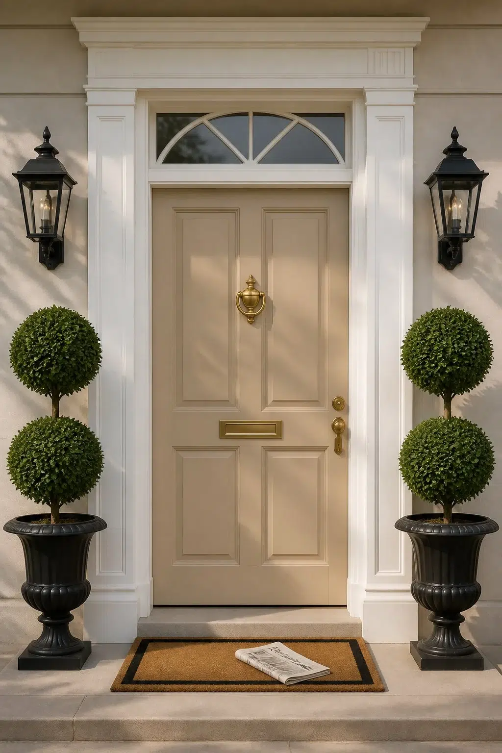 traditional front door featuring Basket Beige by Sherwin-Williams
