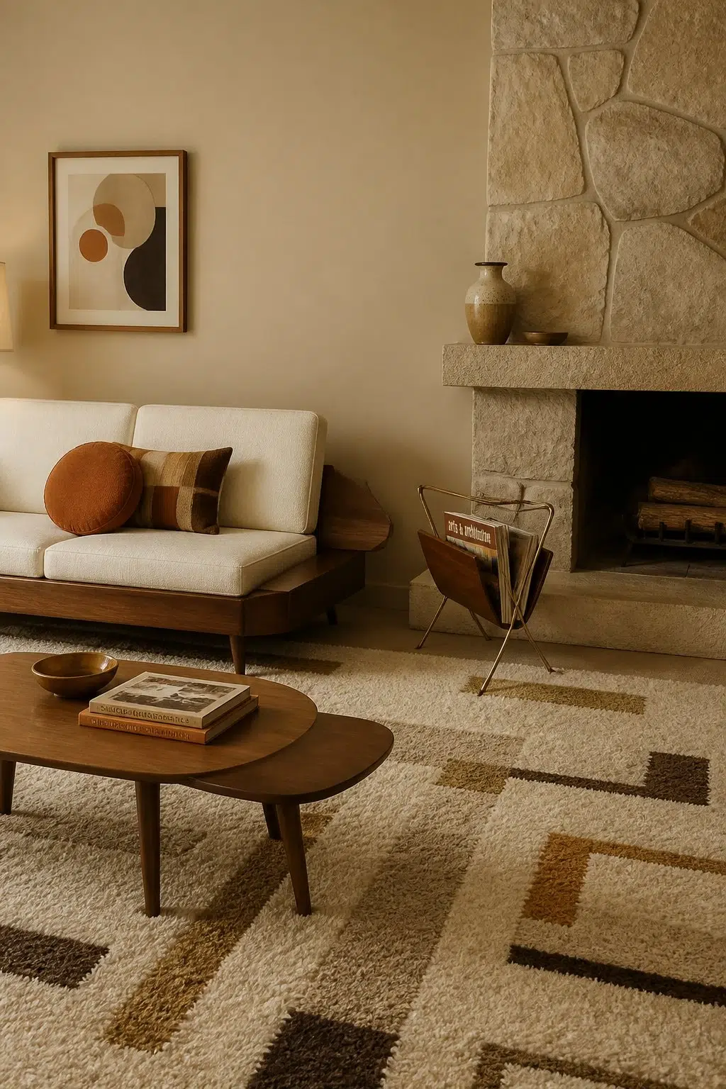 A mid century living room painted in Basket Beige