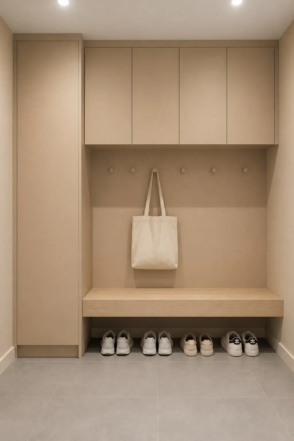 Basket Beige paint in a neutral mudroom