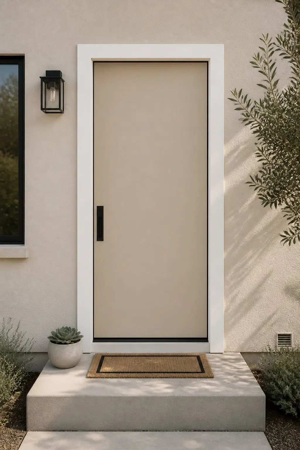 minimalist front door featuring Beachcomber by Sherwin-Williams