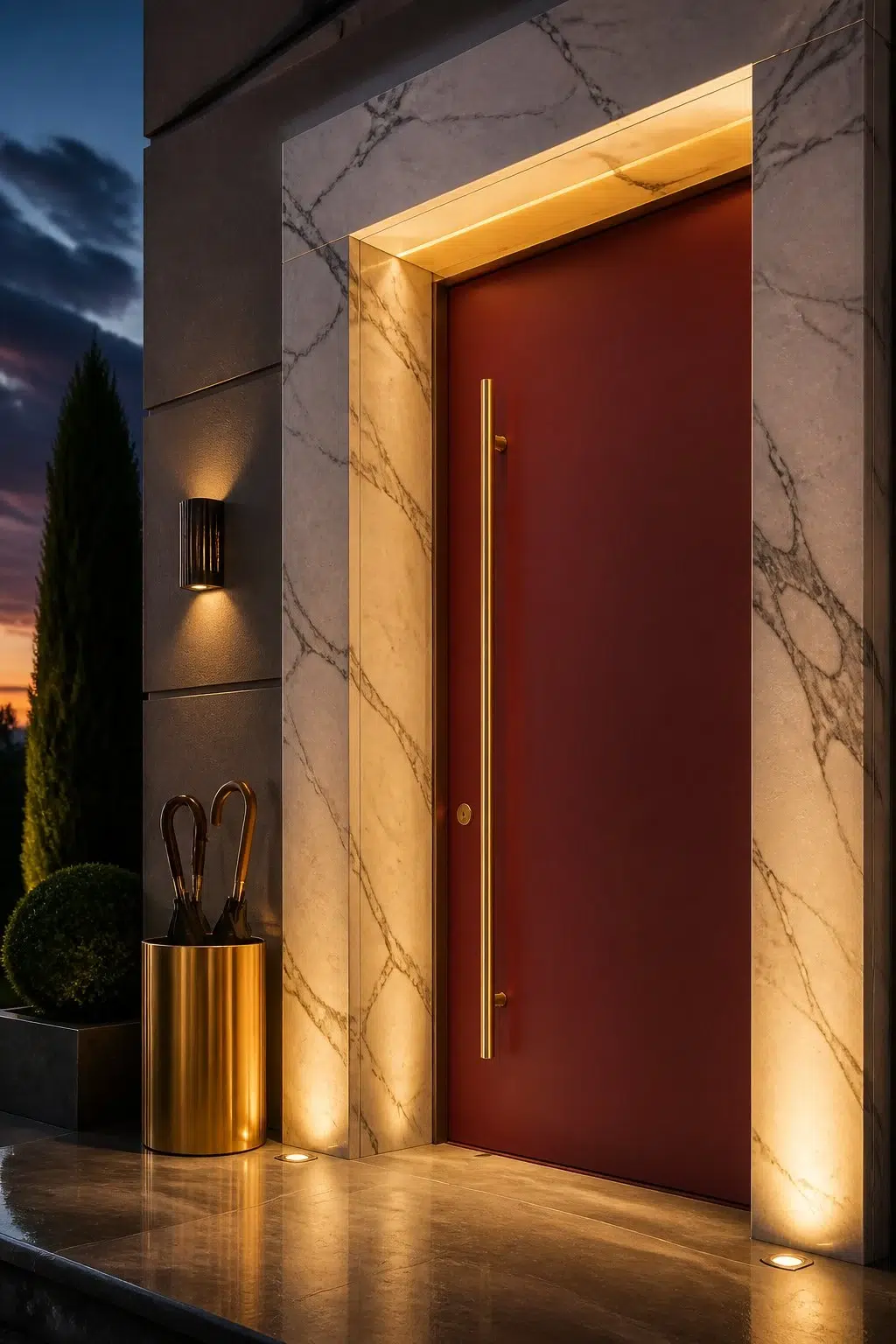 modern luxury front door featuring Beetroot by Sherwin-Williams