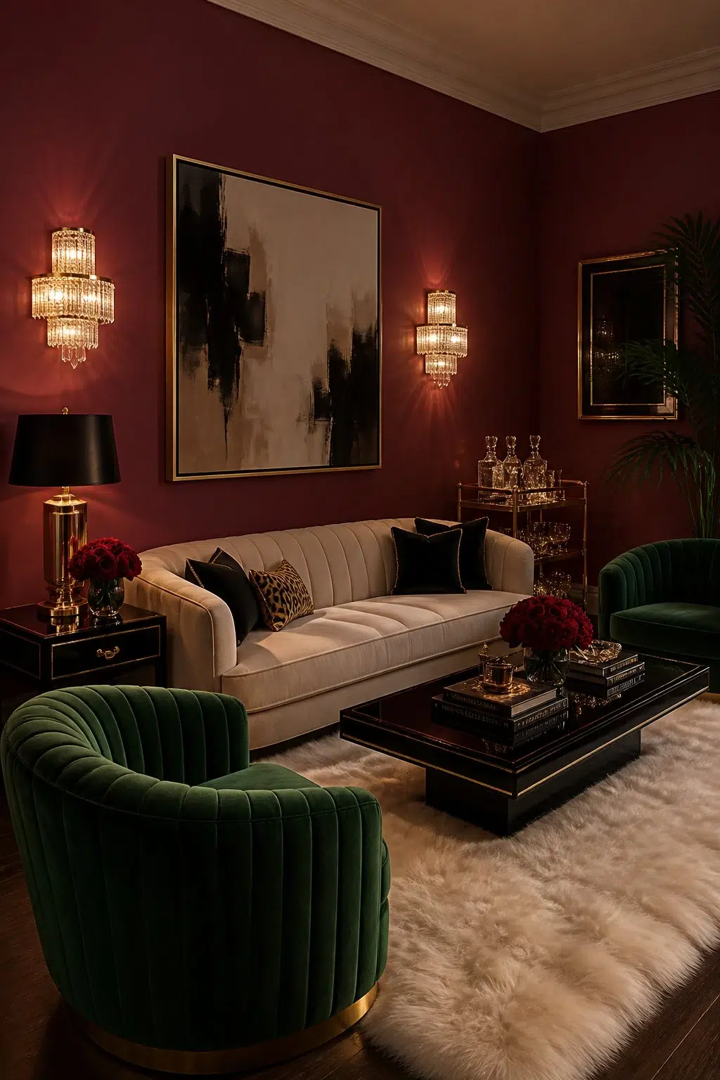 A hollywood regency living room painted in Beetroot