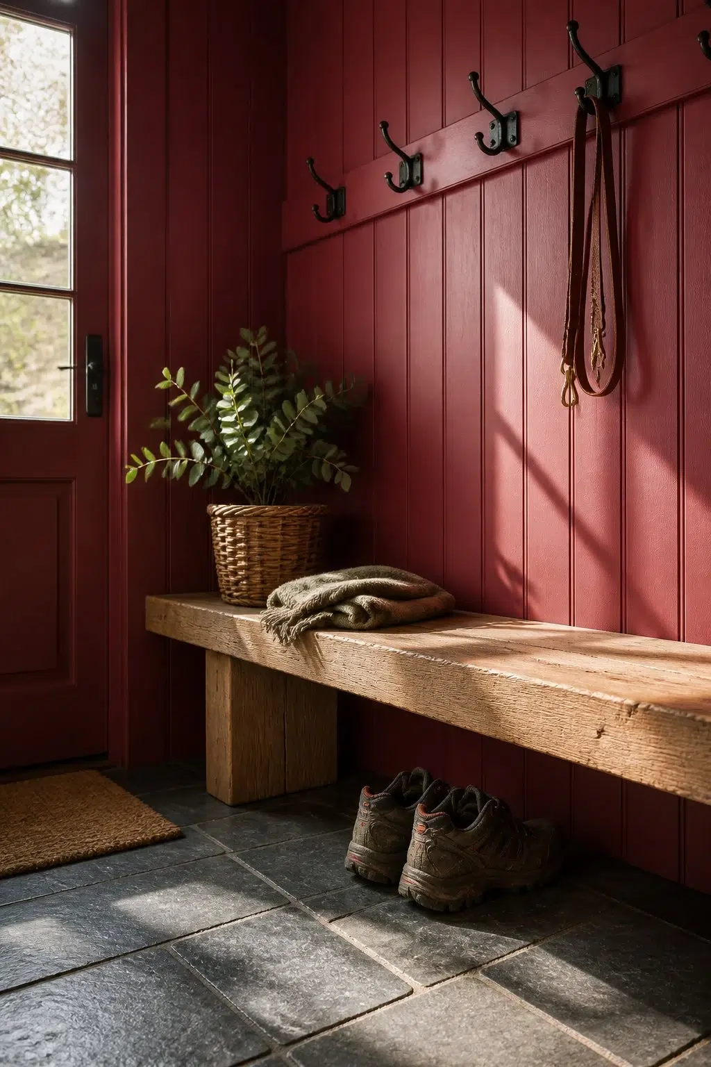 Beetroot paint in a rustic modern mudroom