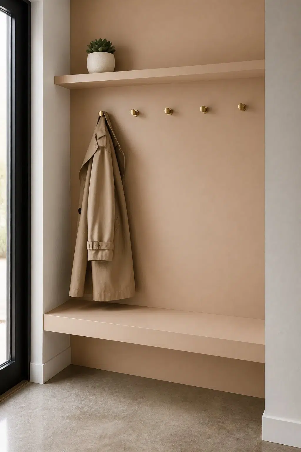 Beige Intenso paint in a tiny mudroom