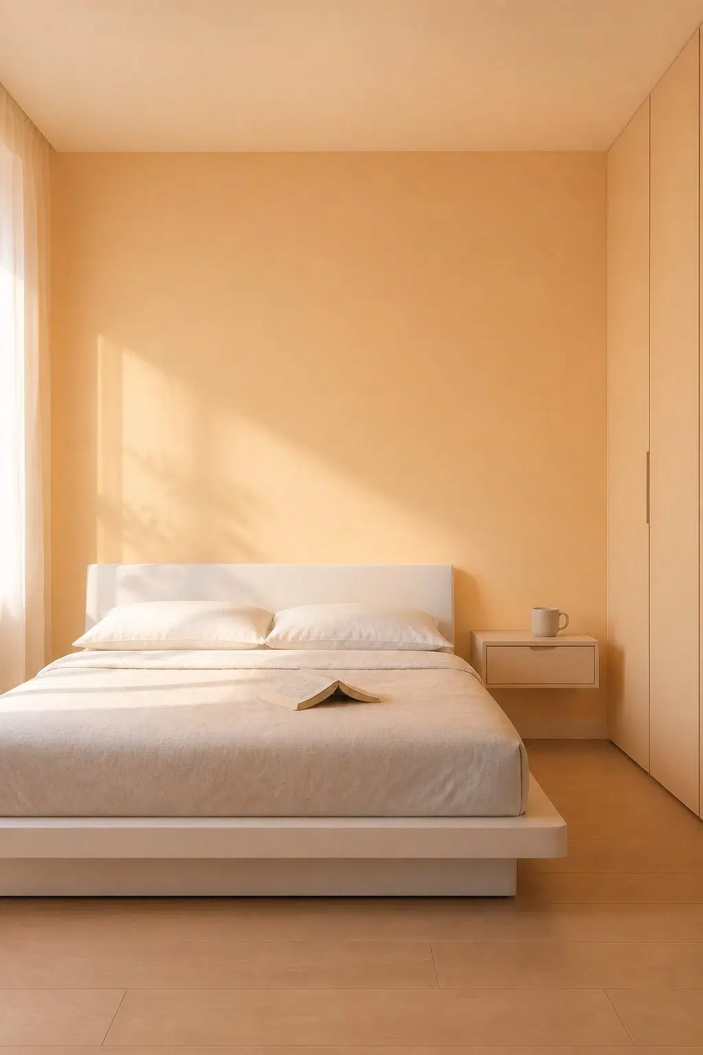 A minimalist bedroom painted in Bellini Fizz