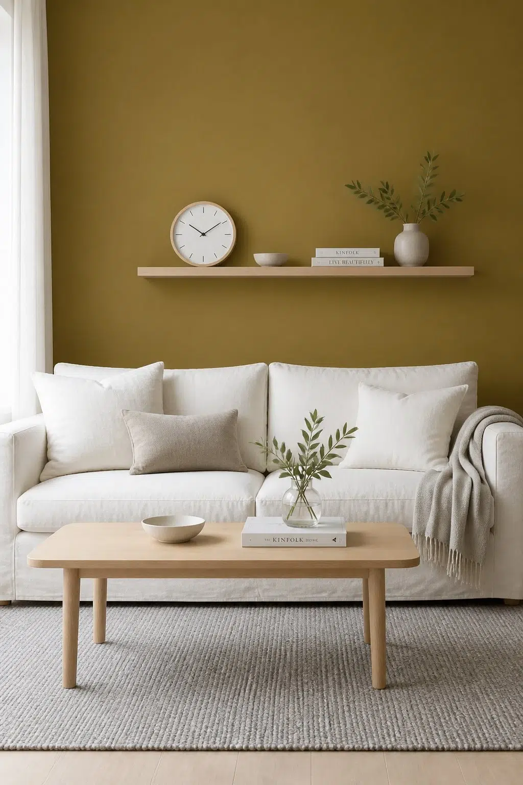 A scandinavian living room painted in Bengal Grass