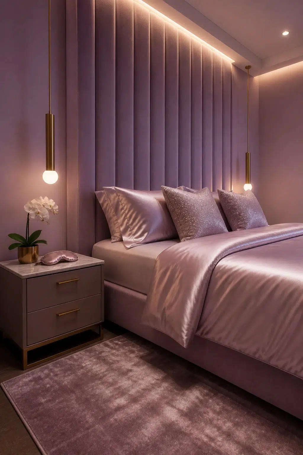 A modern luxury bedroom painted in Berry Frappe