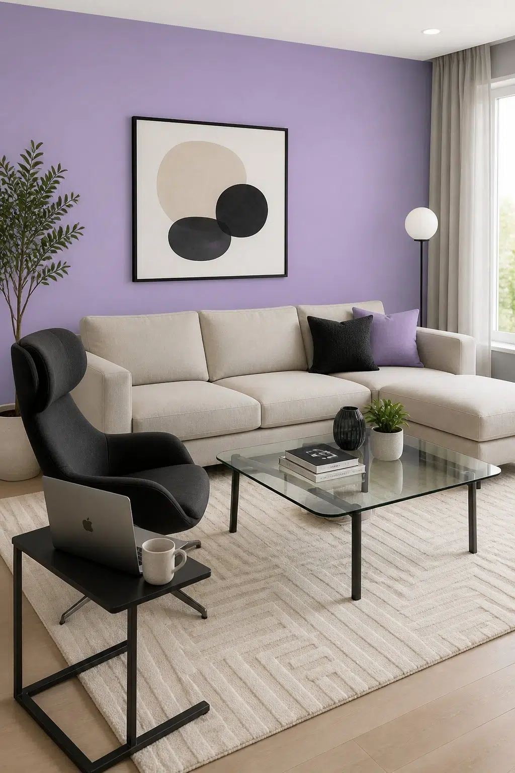 A contemporary living room painted in Berry Frappe