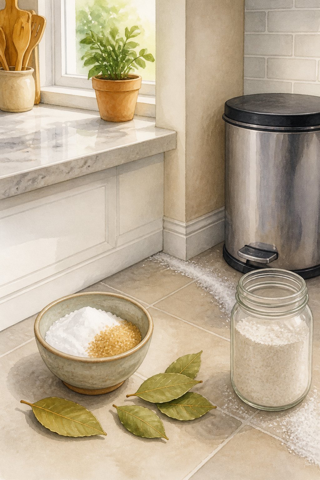A clean kitchen corner with natural pest control items like a bowl of baking soda and sugar, bay leaves on the countertop, and a jar of powder near the floor.