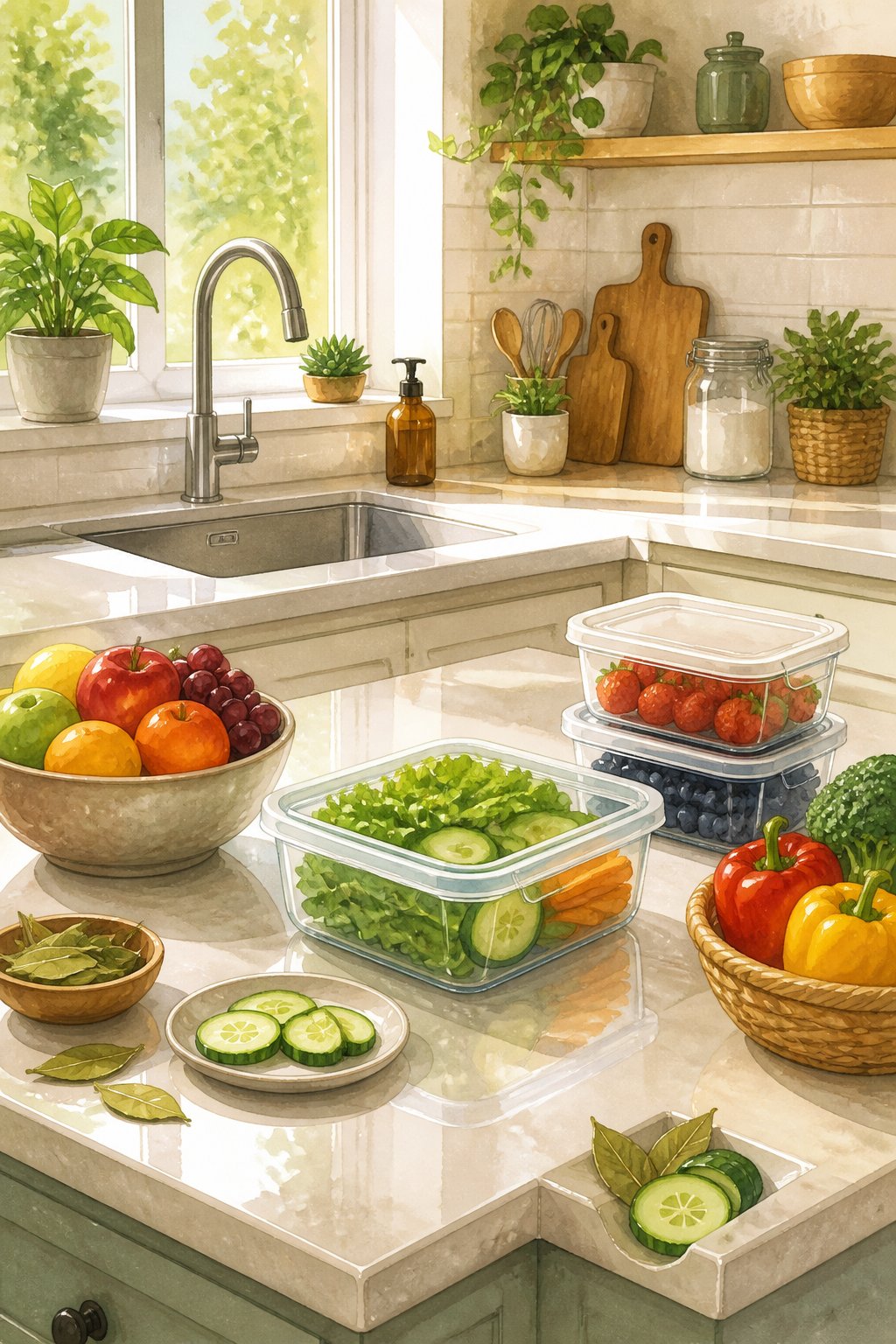A clean kitchen countertop with fresh fruits and vegetables, a spotless sink, and natural pest deterrents placed around, illuminated by sunlight.
