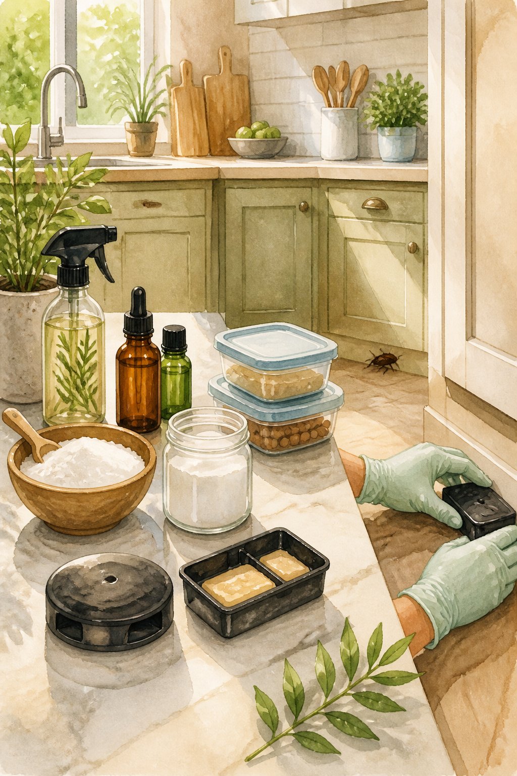 A clean kitchen countertop with various roach treatment items and gloved hands placing a bait trap near the cabinet baseboard.