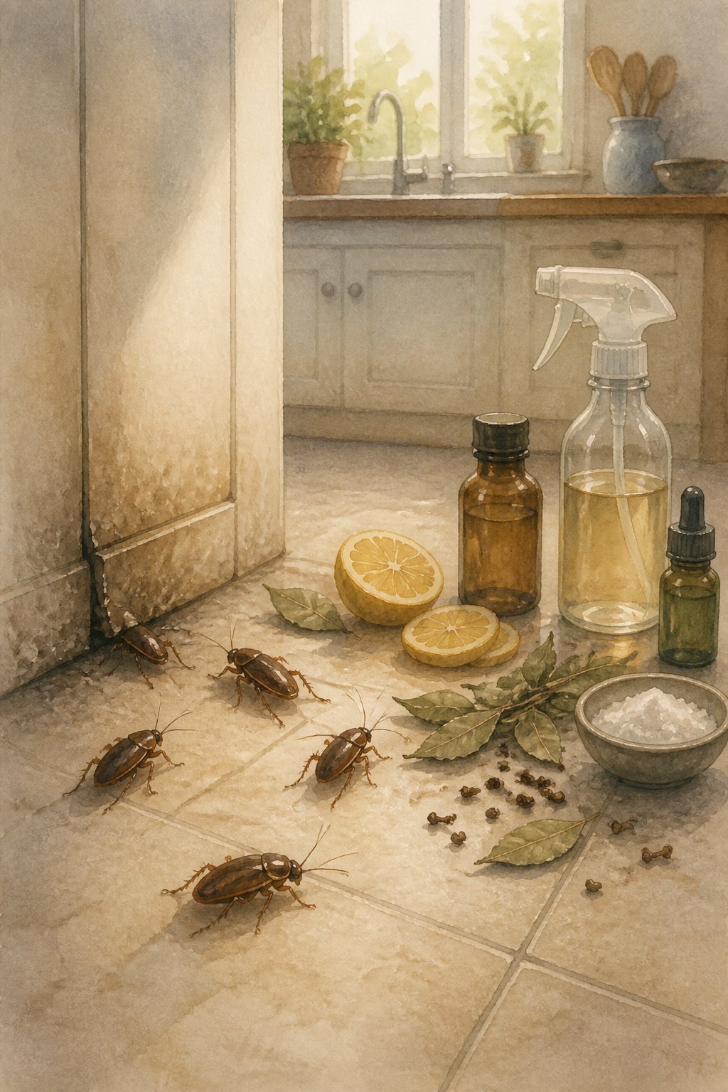 A kitchen corner with a few roaches near natural and chemical pest control items like lemon slices and spray bottles.