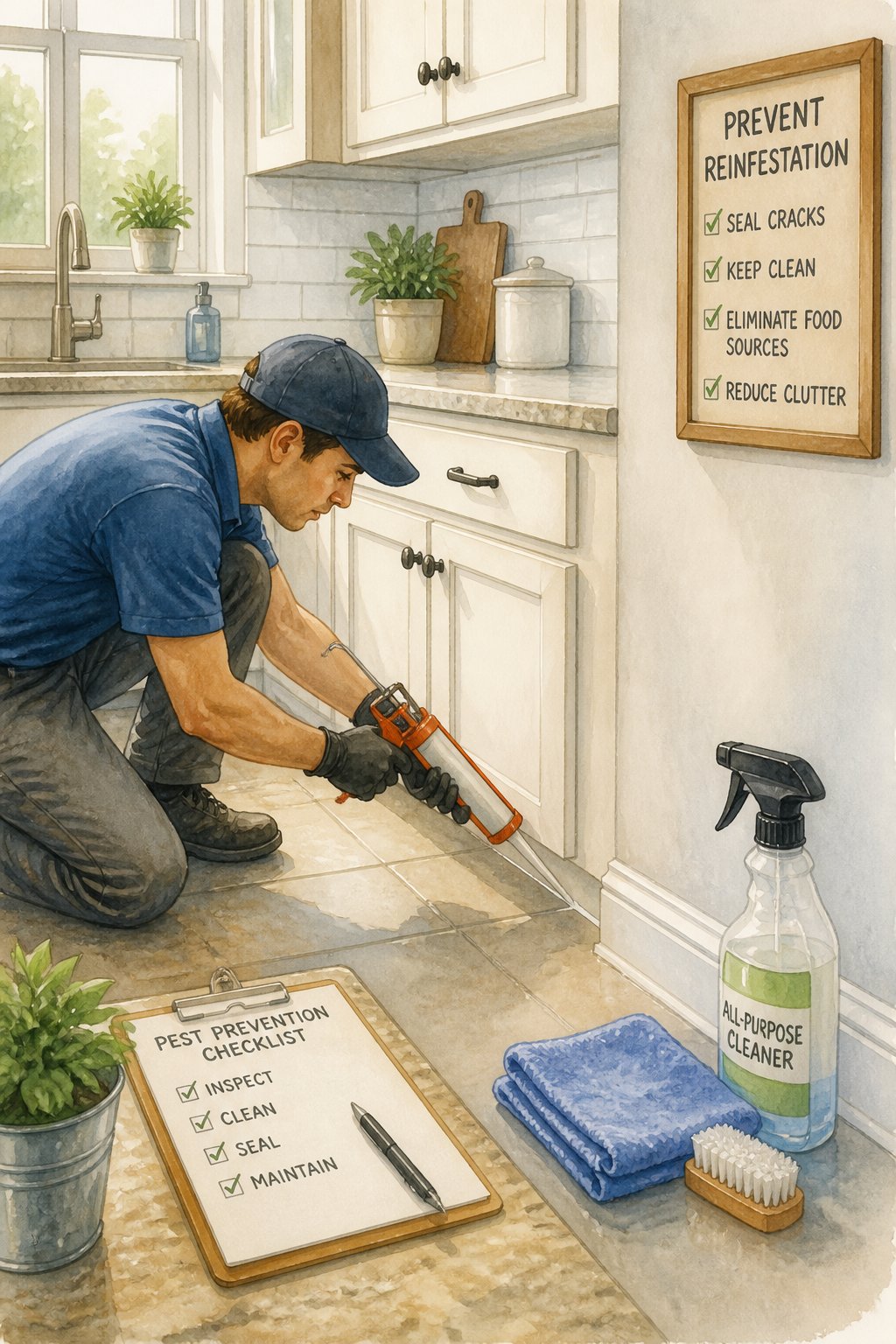 A person sealing cracks in a clean kitchen to prevent pest infestation.