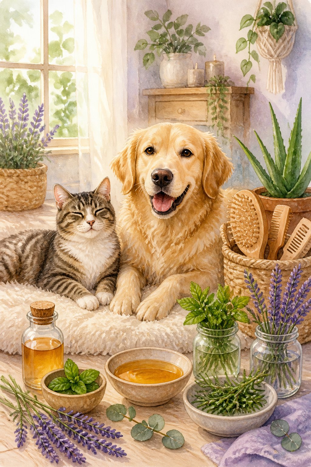 A cat and dog sitting peacefully indoors surrounded by natural plants and remedies like lavender, eucalyptus, and aloe vera in a cozy home setting.