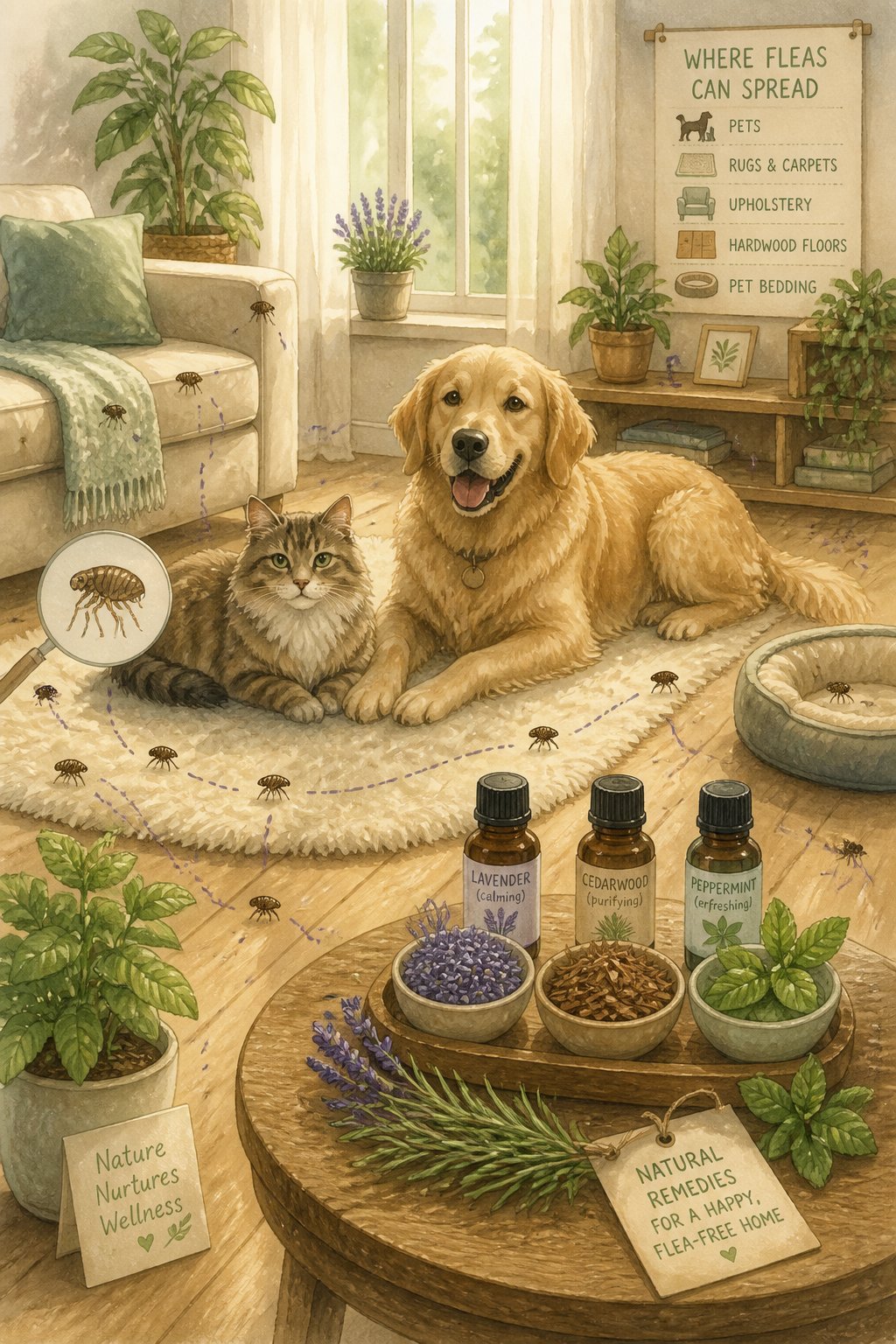A cat and dog resting on a rug in a sunlit living room with plants and natural remedies nearby.