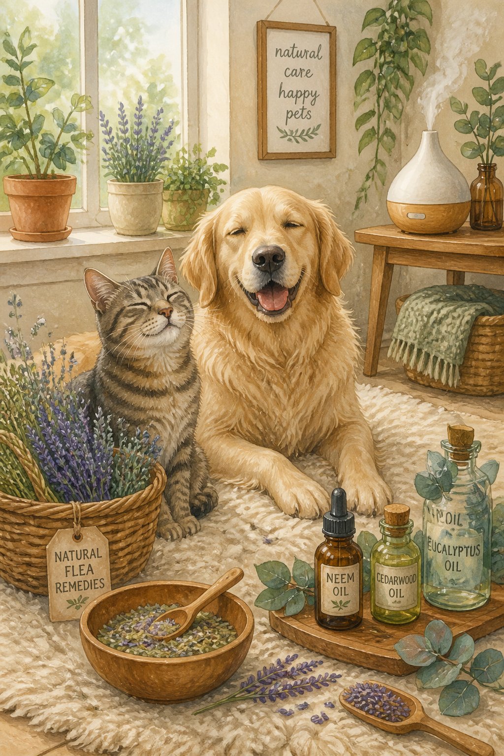 A cat and dog sitting peacefully inside a cozy home surrounded by natural plants and herbal remedies.