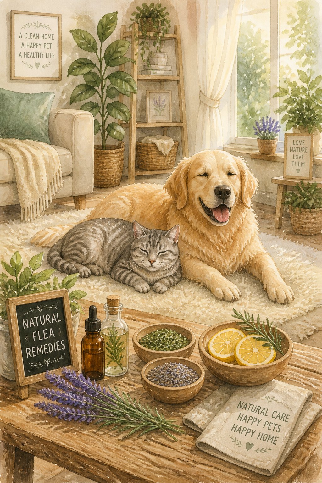 A cat and dog resting peacefully in a cozy living room with natural flea remedies displayed on a wooden table nearby.