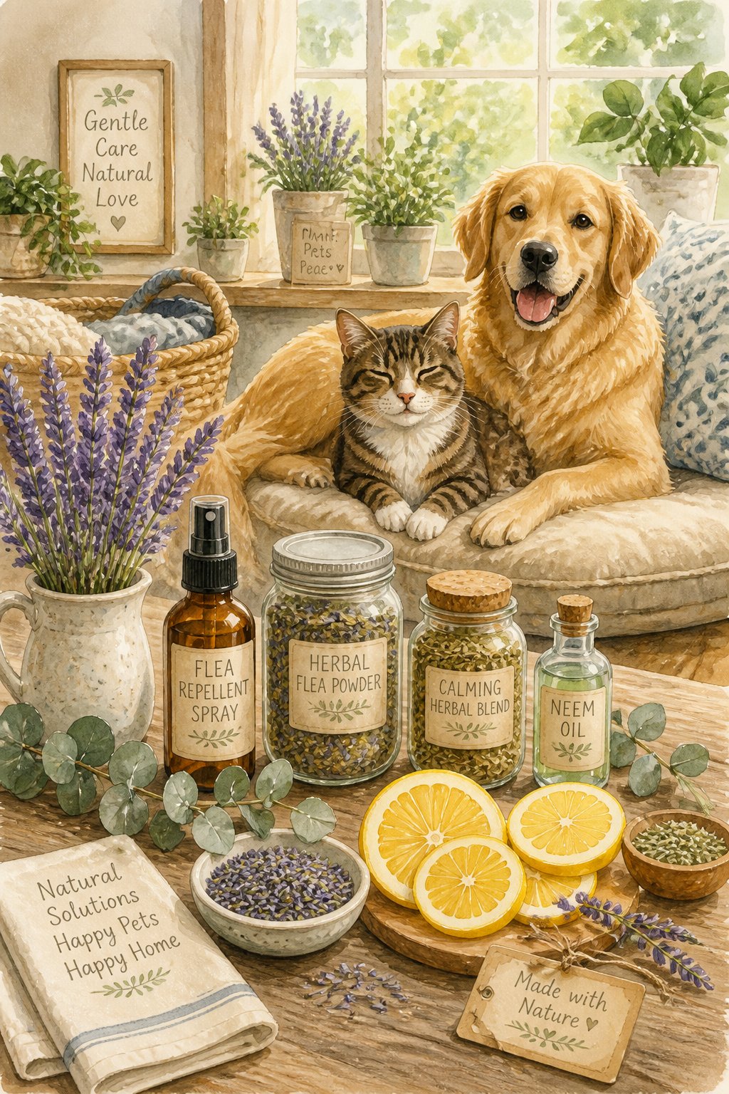 A cozy home scene with a cat and dog sitting near a table displaying fresh herbs, lemon slices, and jars of natural flea remedies.