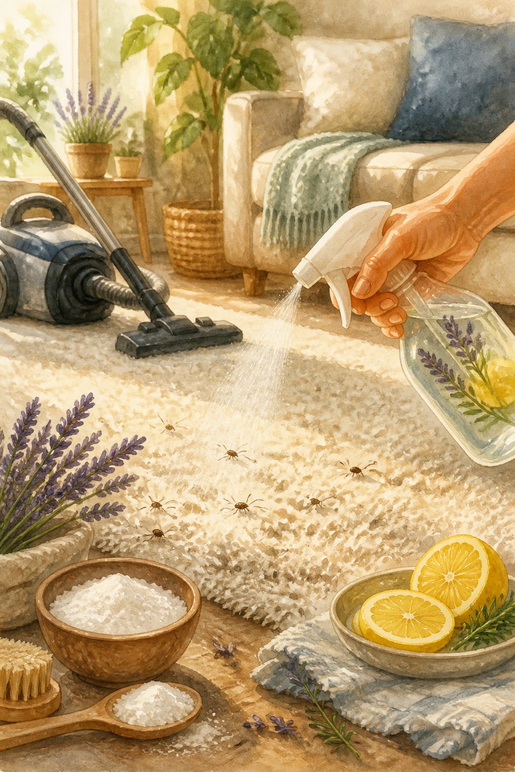 A cozy living room with a carpet being treated for fleas using a spray bottle and natural remedies like lavender and lemon, alongside a vacuum cleaner nearby.