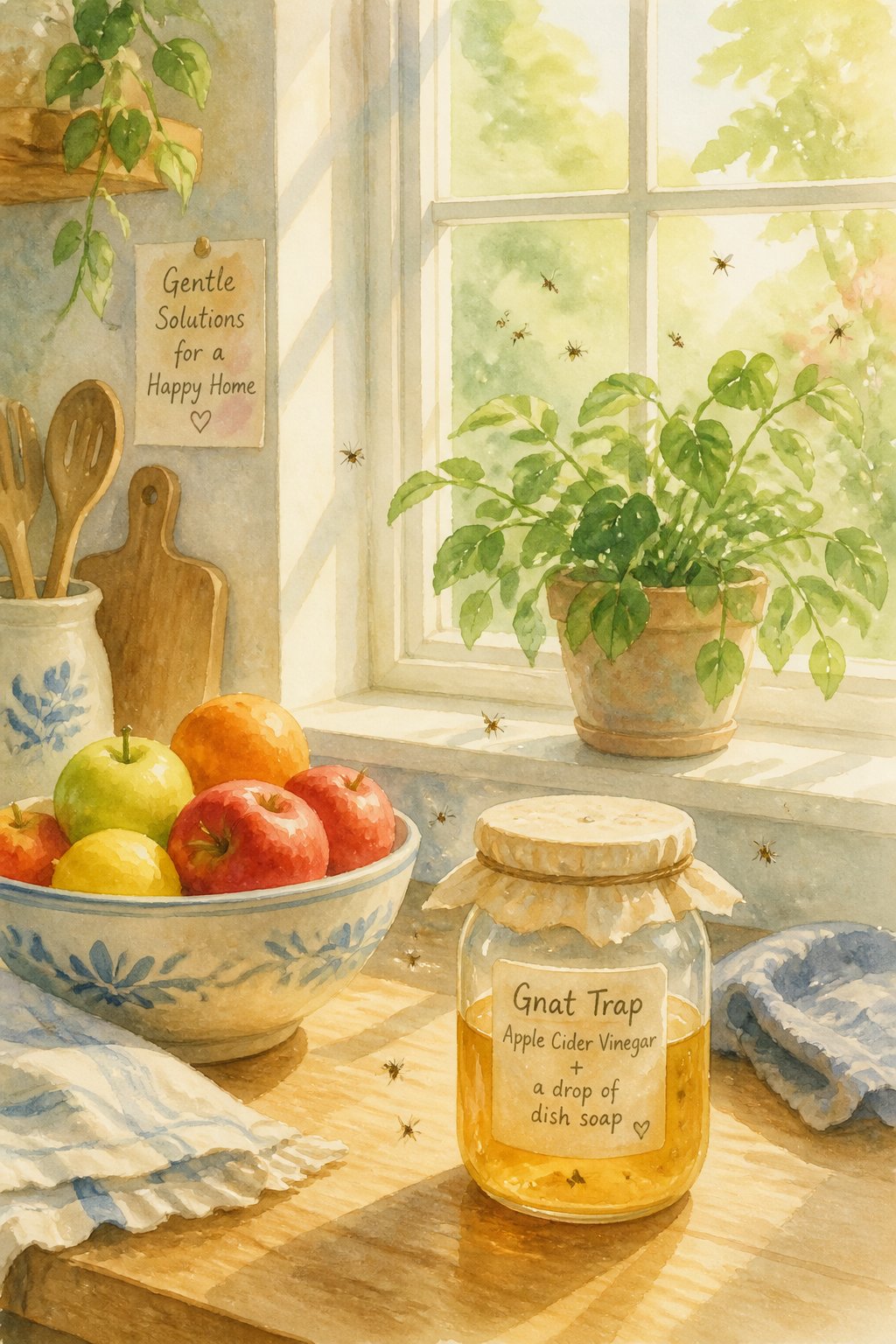 A bright kitchen scene with sunlight coming through the window, showing a bowl of fruit, a small jar with a natural gnat trap, and a potted plant with a few gnats flying nearby.