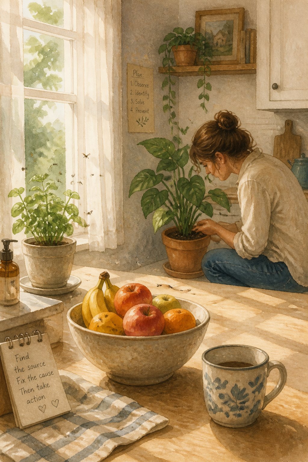 A person inspecting a houseplant in a bright kitchen with fruit on the counter and small gnats flying nearby.