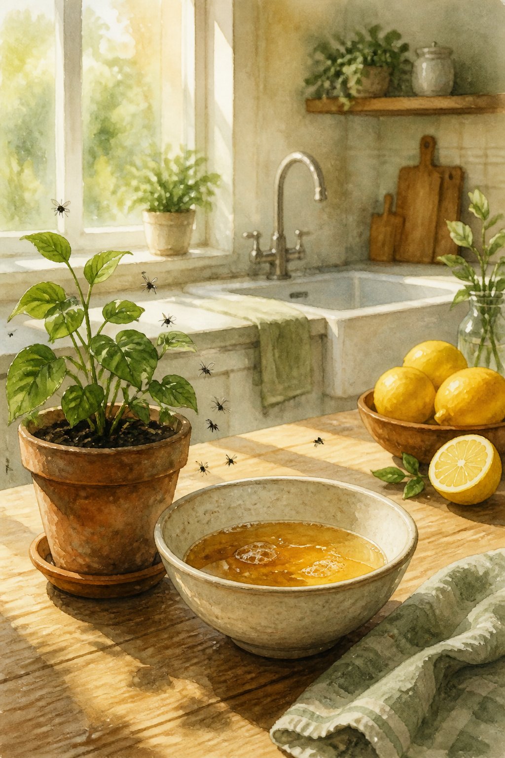A cozy home scene showing a potted plant with small gnats nearby and a bowl with liquid on a wooden table near a sunlit window.