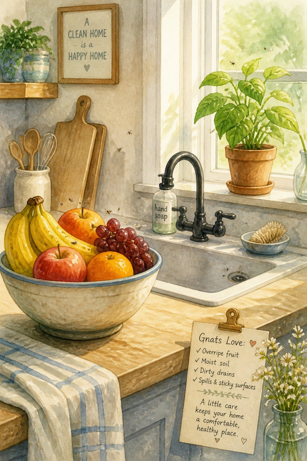 A cozy home kitchen with a bowl of fruit, a potted plant on the windowsill, and small gnats near the fruit and plant.