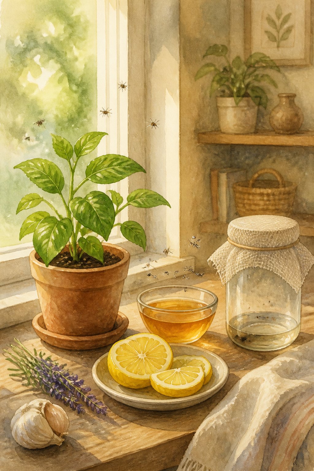 A cozy indoor scene showing a potted plant on a windowsill with natural items like lemon slices and a bowl of apple cider vinegar nearby, with small gnats flying around.